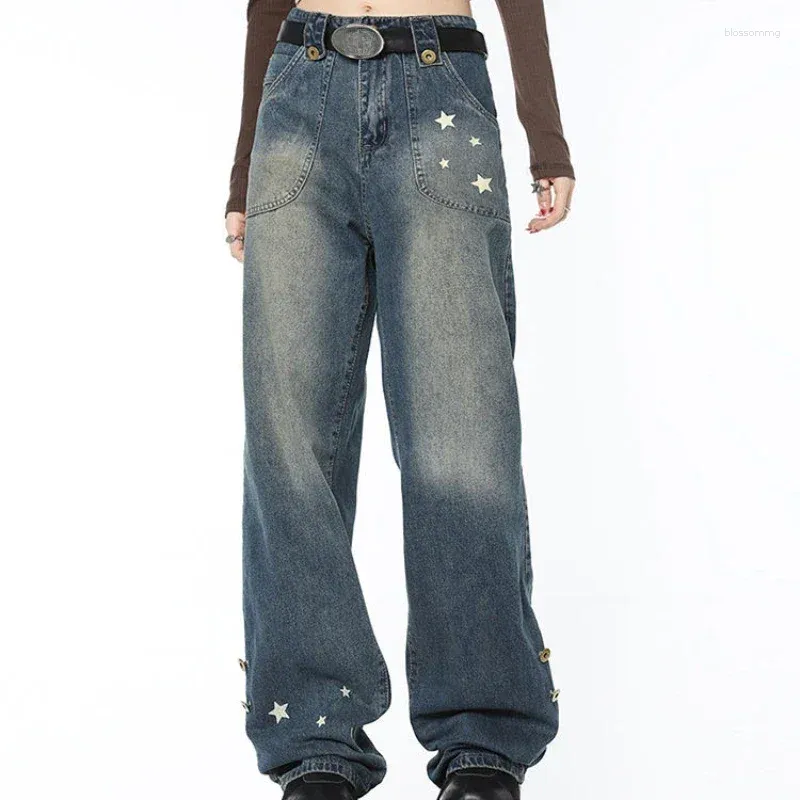 Damen-Jeanshose für Damen, hohe Taille, Größe S, mit Taschen, blaue Hose mit geradem Bein, bedruckt, Sterngrafikmuster, Streetwear, Emo