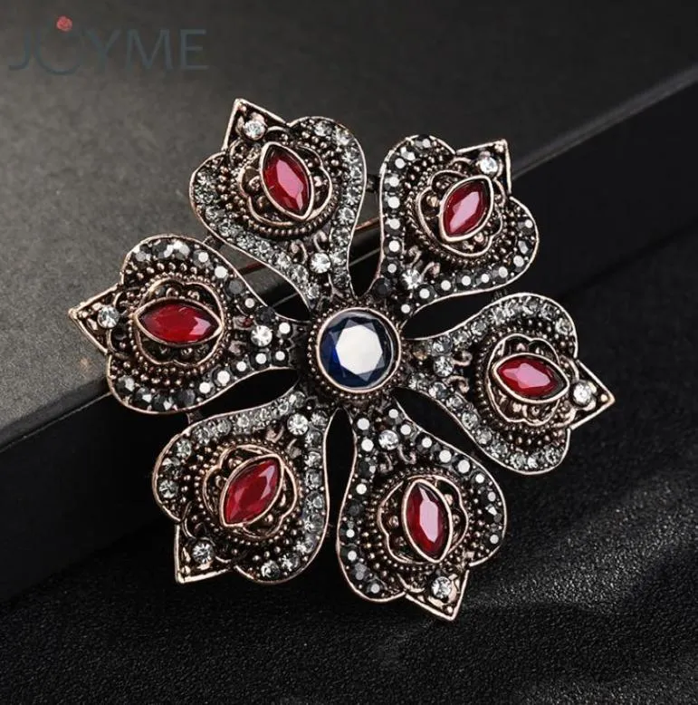 Luxury Vintage Brooch Women Flower Red Resin Crystal Broches Brooch Ladies Lapel Hijab Corsage Pin Turkish Ethnic Jewelry7917813