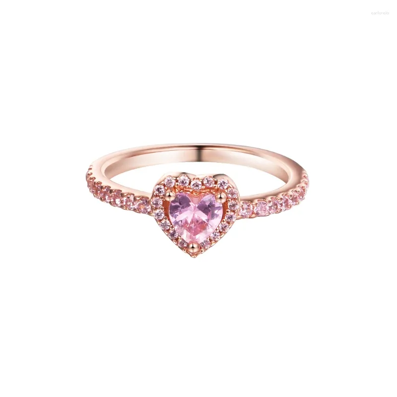 Cluster Rings Fashion Female Rose Gold Sparkling Elevated Heart Ring Pink Stone Sterling Silver Jewelry For Woman Party Proposal