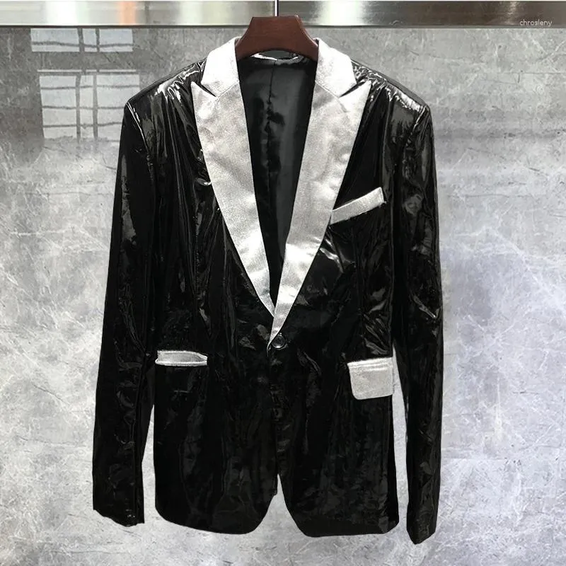 Mäns kostymer 2024 Black Mirror Glossy Leather Silver Patchwork Blazers High Quality Nightclub Performance Custom Jacket Top Hombre