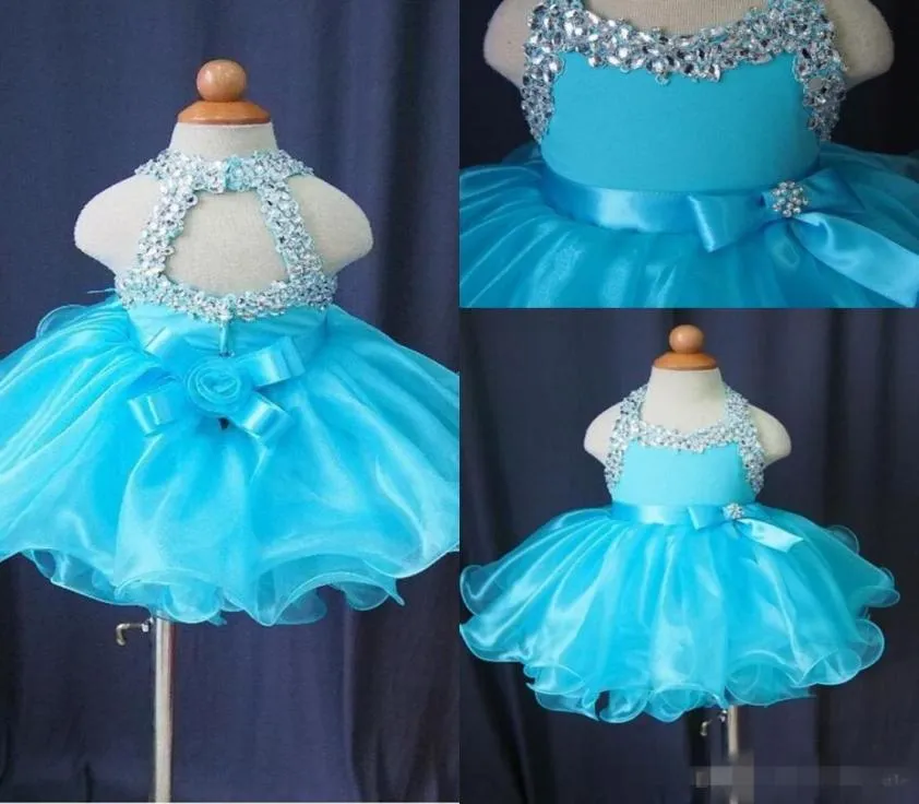 Glitz Cupcake Pageant Dresses for Little Girls Baby Beaded Organza Cute Kids Short Prom Volths Infant Light Blue Crystal Birthday P8676680