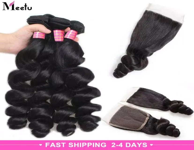 Meetu 10a Brazylijska luźna fala z koronkowym zamknięciem 4 wiązki Virgin Hair Weave mokre i faliste brazylijskie ludzkie włosy z CL3463311