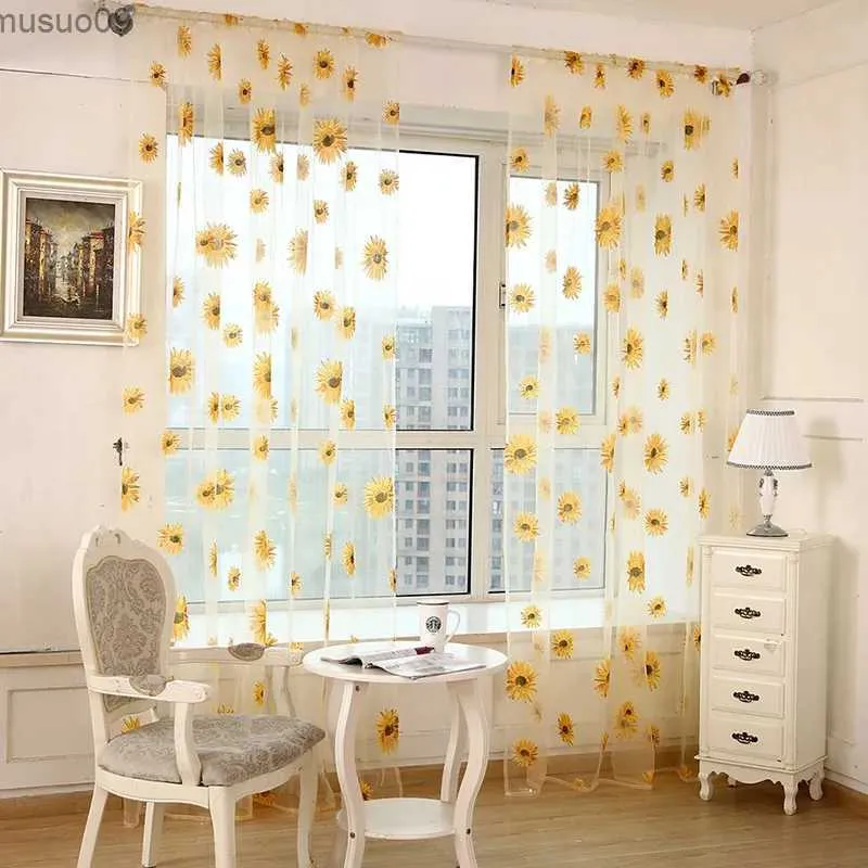 Cortina de tule flor de sol para sala de estar, quarto, cozinha, amarelo floral, voile transparente para tratamento de janela