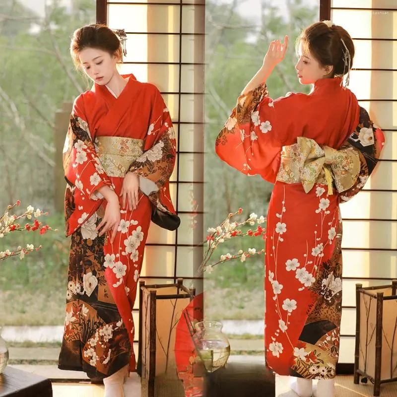Etniska kläder röda kimono kvinnor japanska traditionella yukata haori kimonos cosplay klänning mode pografiska kläder formell klänning