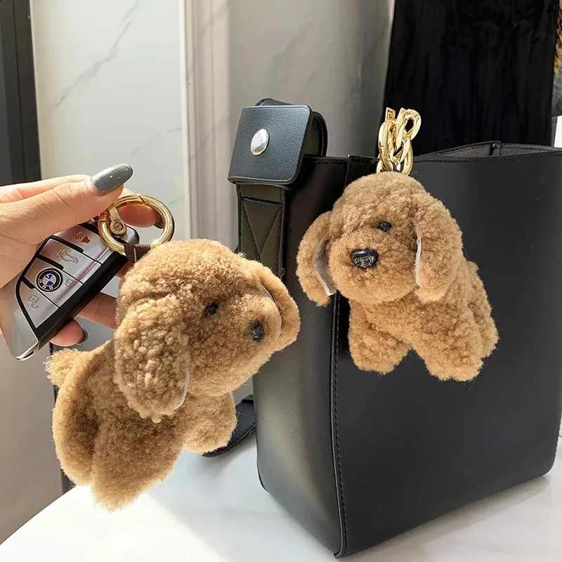 Women Pendant Cute Small Dog Keychain Real Wool Fur Bag Ornaments Toy puppy Car metal Key ring Party Trinket Gift 240227
