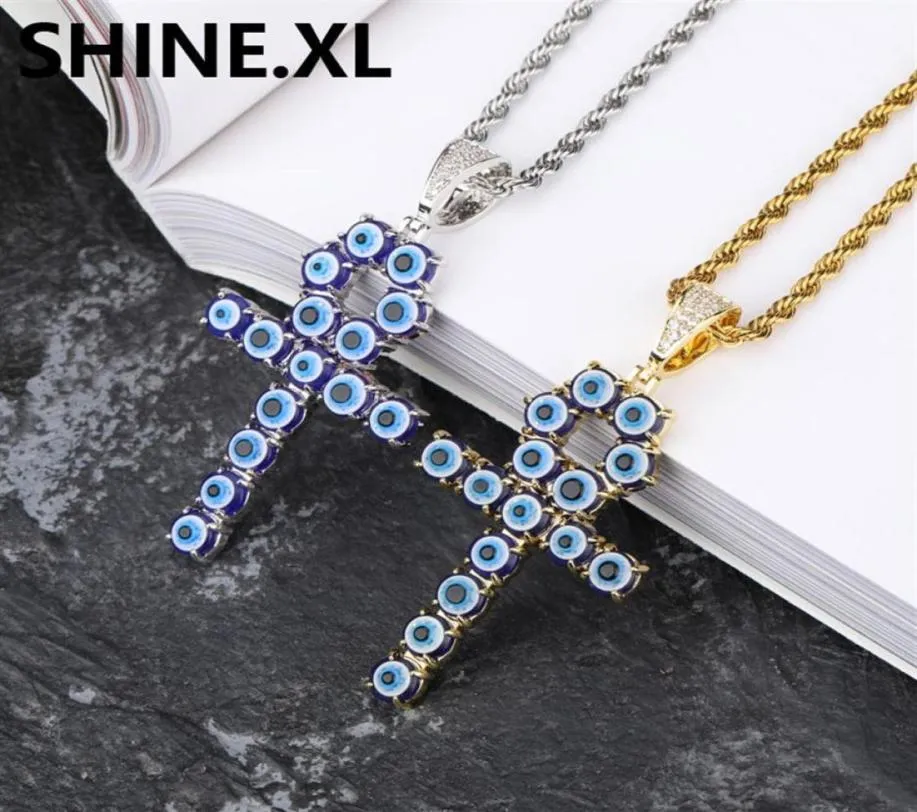 New Arrived Devil Blue Eyes Ankh Necklace Pendant Iced Out Gold Silver Plated Mens Hip Hop Jewelry Gift224T1782275