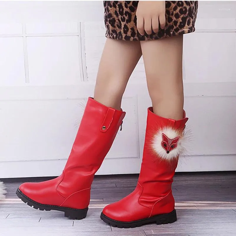 Boots CUZULLAA Children Leather Shoes Princess Kids High Top For Girls Fashion Fur Warm Knee-high