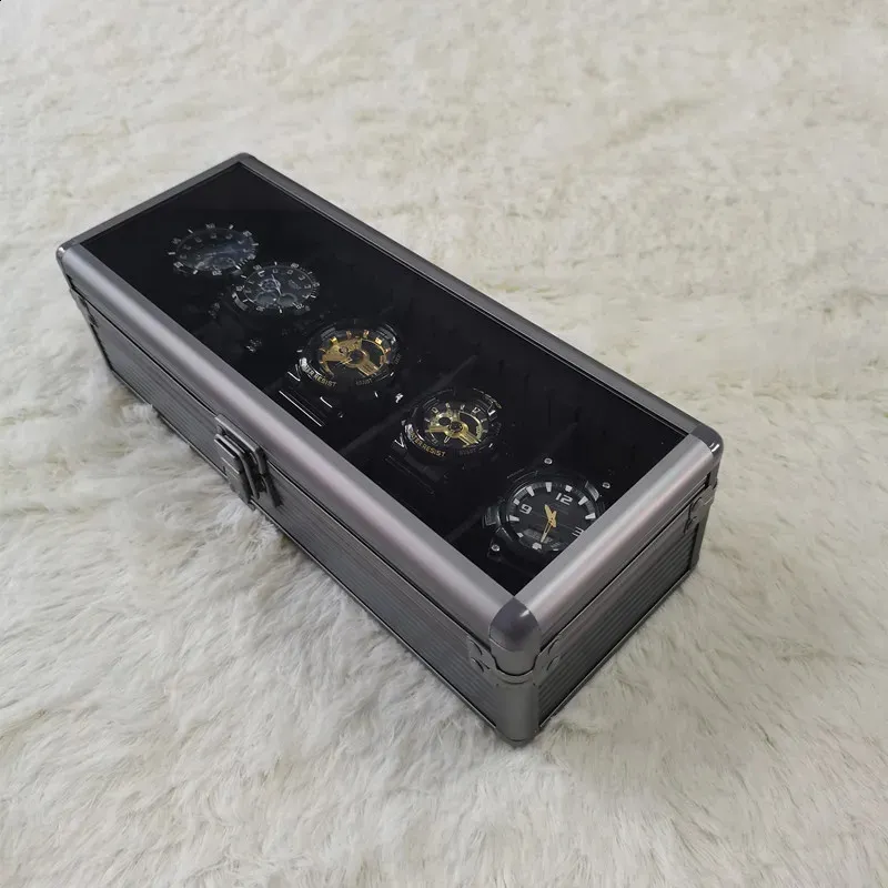 Safe Box Watch Organizer Black Transparent Aluminium Alloy Case Metal lagringslådor med kuddvisning Fall Prevention 240119