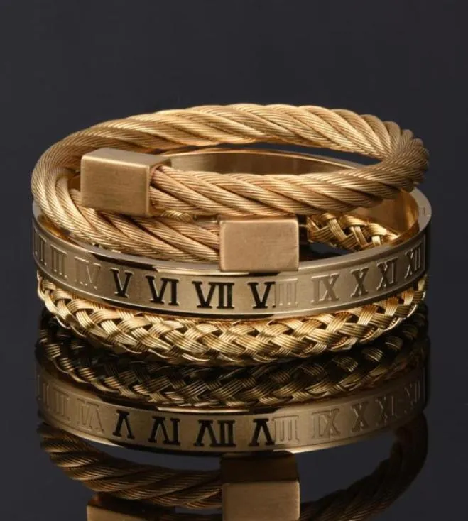 3 pçsset aço inoxidável frisado fios pulseiras pulseira hip hop luxo número romano charme ouro cor jóias para homem pulseira bil54035459