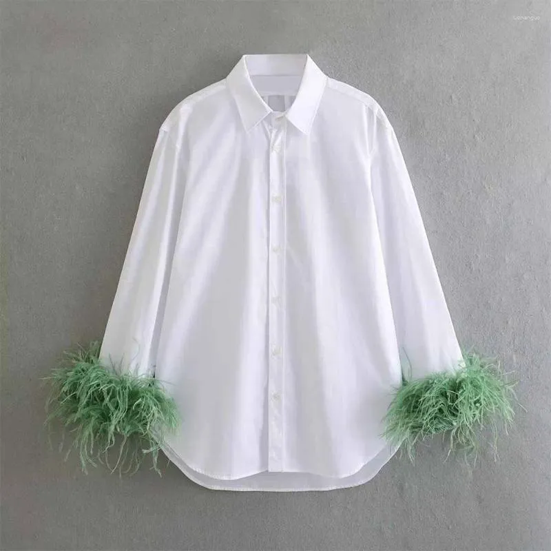 Blusas femininas 2024 outono pena decorada popeline camisa temperamento manga longa feminino chique elegância retro mujer 2165003