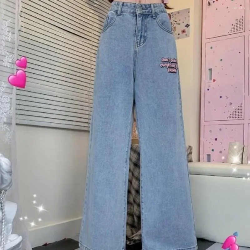 Jeans Femme Bleu Kawaii Femme Denim Pantalon Avec Décorations Lettre Poches Taille Haute S Pantalon Brodé En Cool Z