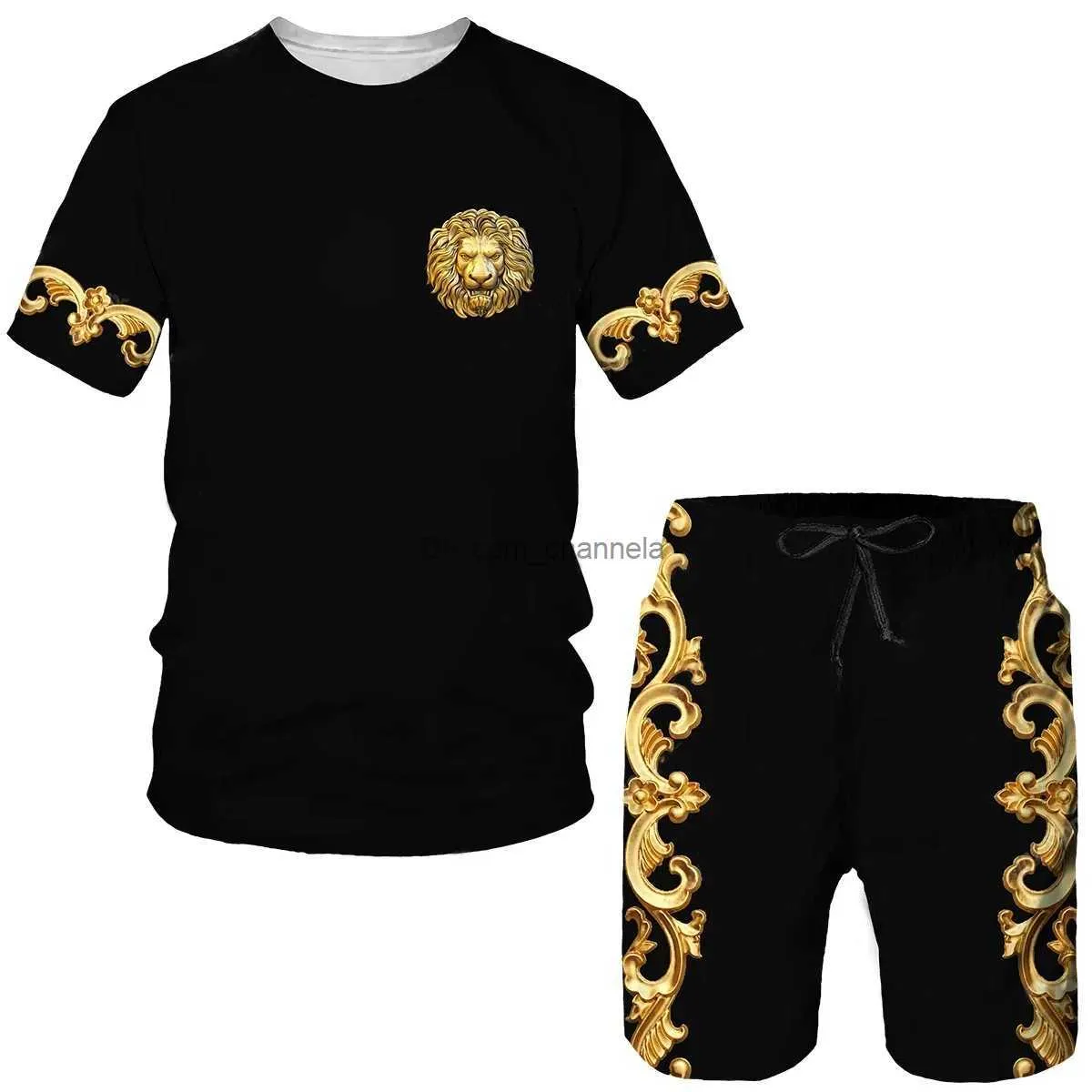 Survêtements pour hommes Été Hommes Ensembles Nouveau 3D Golden Chain Style Imprimer Vêtements Marque À Manches Courtes Vintage Luxe Royal T-shirt Shorts 2 Pièces Costume T240217