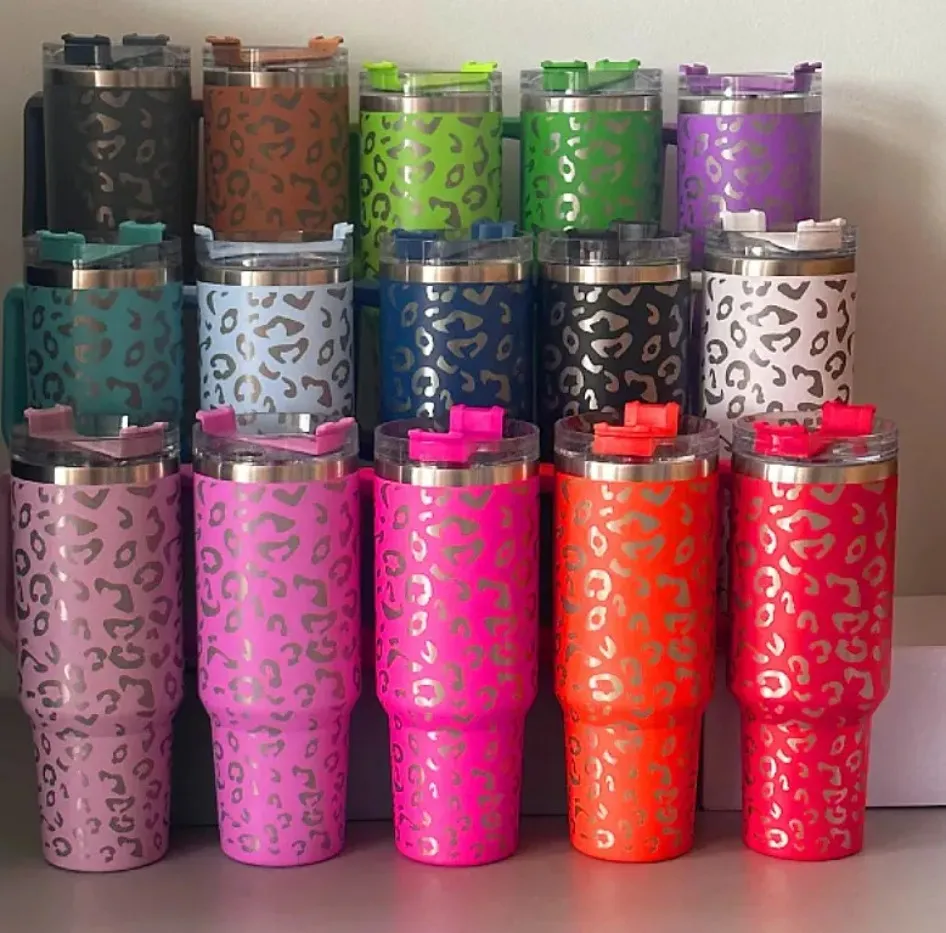 40oz Leopard print Reusable Tumbler with Handle and Straw Stainless Steel Insulated Travel Mug Tumbler Insulated Tumblers Keep Drinks Cold