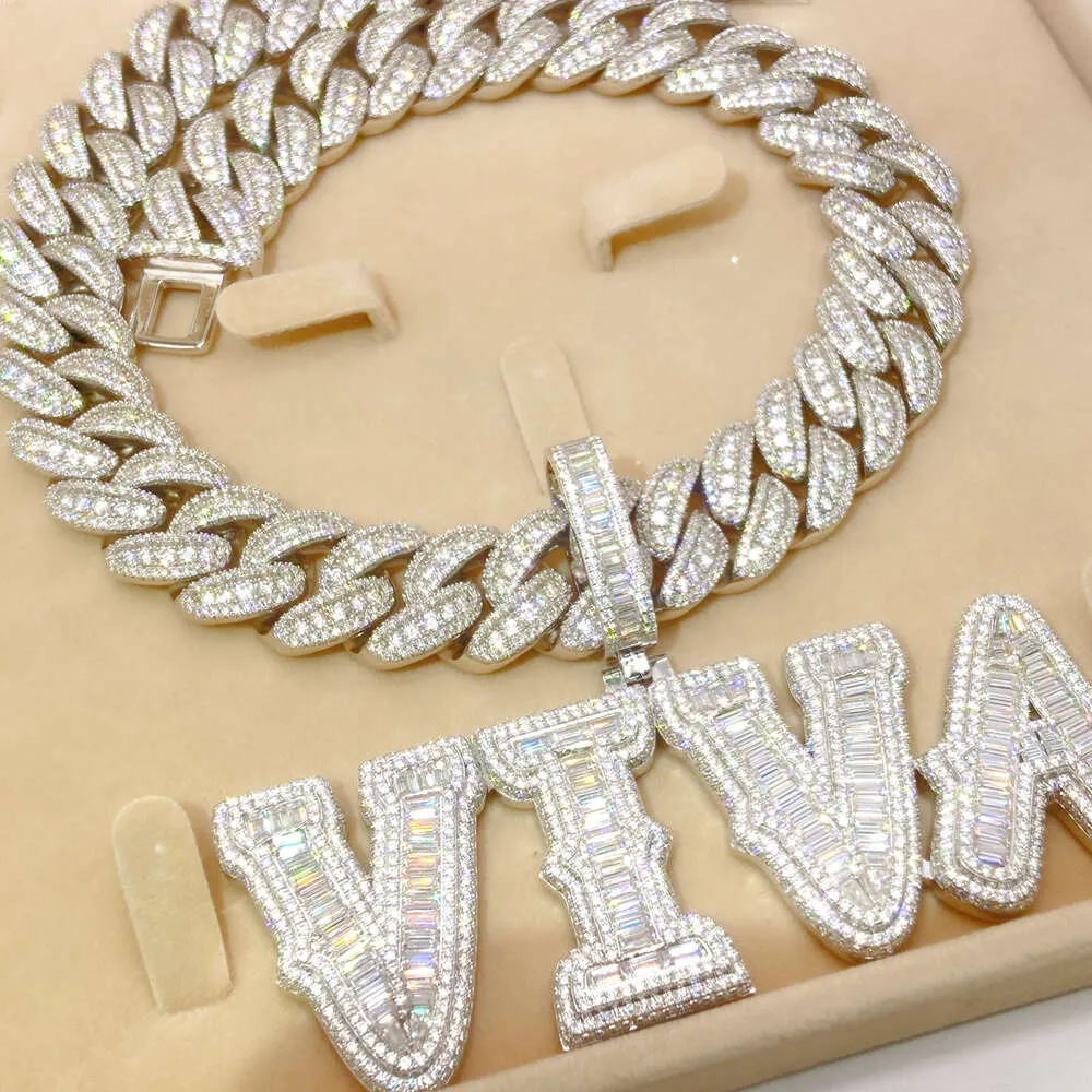 Conjunto de joias personalizadas de hip hop Vvs Moissanite diamante cubano com corrente e pingente de letra com nome personalizado