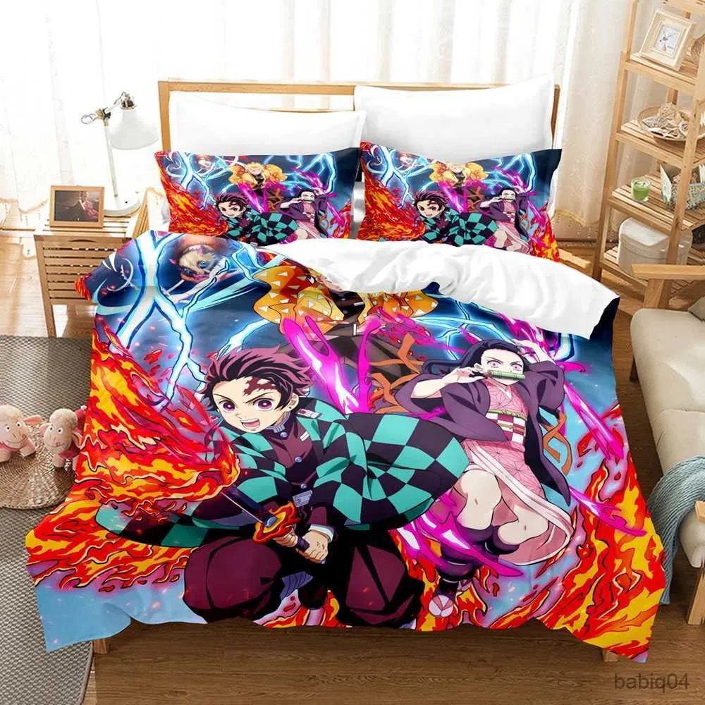 Conjuntos de cama Anime Demon Slayer Conjuntos de cama Kamado Nezuko Roupa de cama para adolescentes meninas desenhos animados Twin Single Queen King Full Size Conjunto de capa de edredão