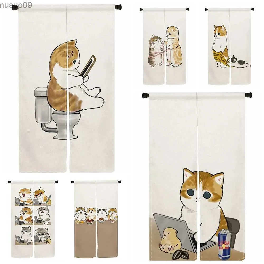 Rideau de porte japonais Noren, chat drôle mignon, draperies pour salon, chambre à coucher, cloison de porte, cuisine, entrée, demi-rideaux suspendus