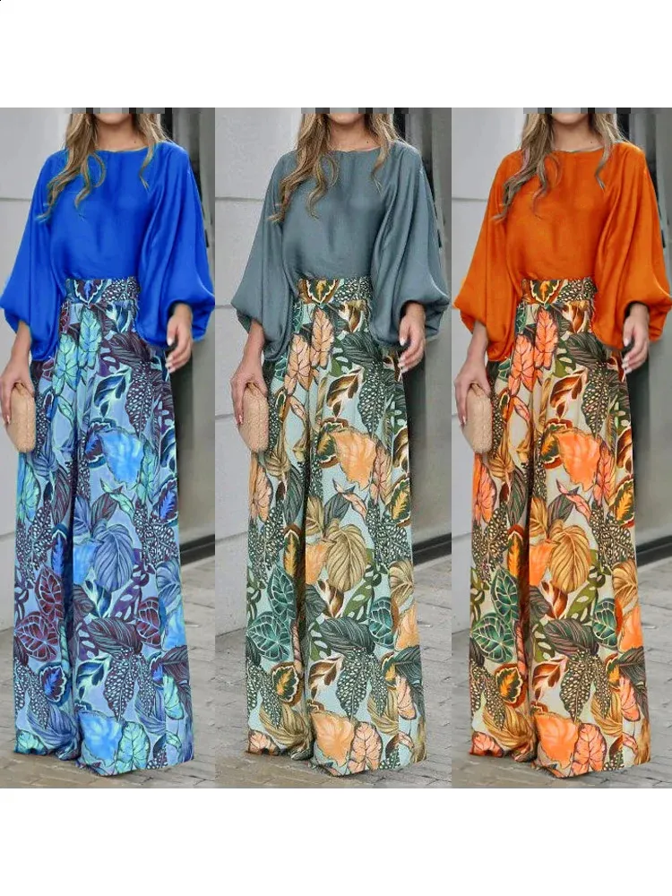 الخريف للسيدات فضفاضة غير رسمية مجموعة طاقم طاقم عنق طويل الأكمام Tshirt Top Floral Print Wide leghits ompits 240124