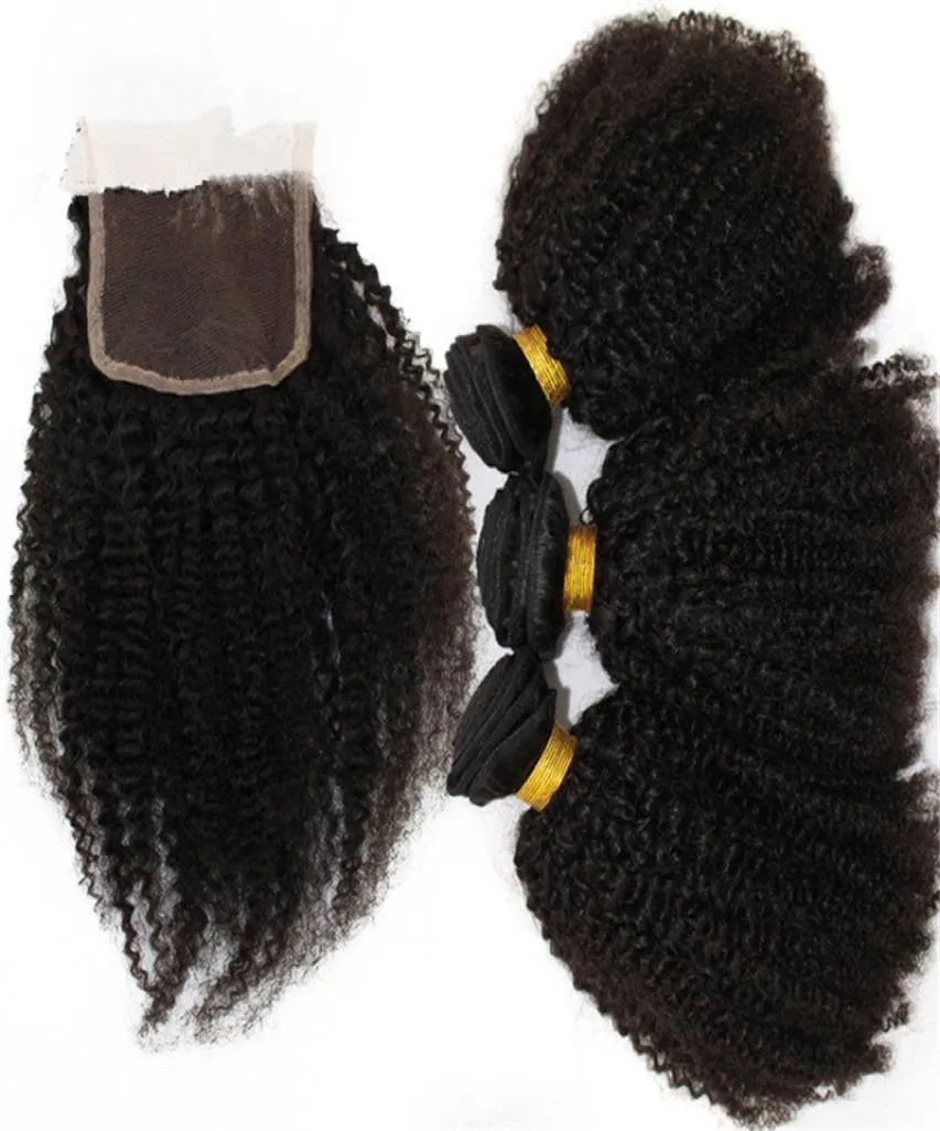 7A Human Hair Weave Brazilian Afro Kinky Curly With Closure Middle Three Part Lace Closure With Bundles 1114810