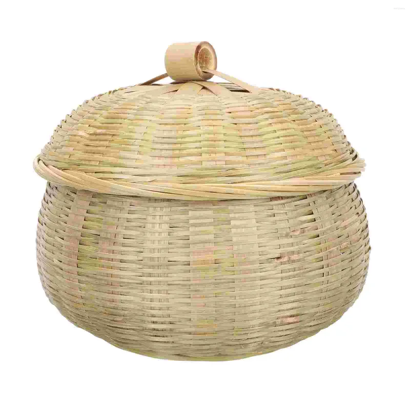 Ensembles de vaisselle en bambou tissé avec couvercle, boîte ronde en rotin, bols en osier tressés, stockage d'herbes marines, poubelle à pain et fruits
