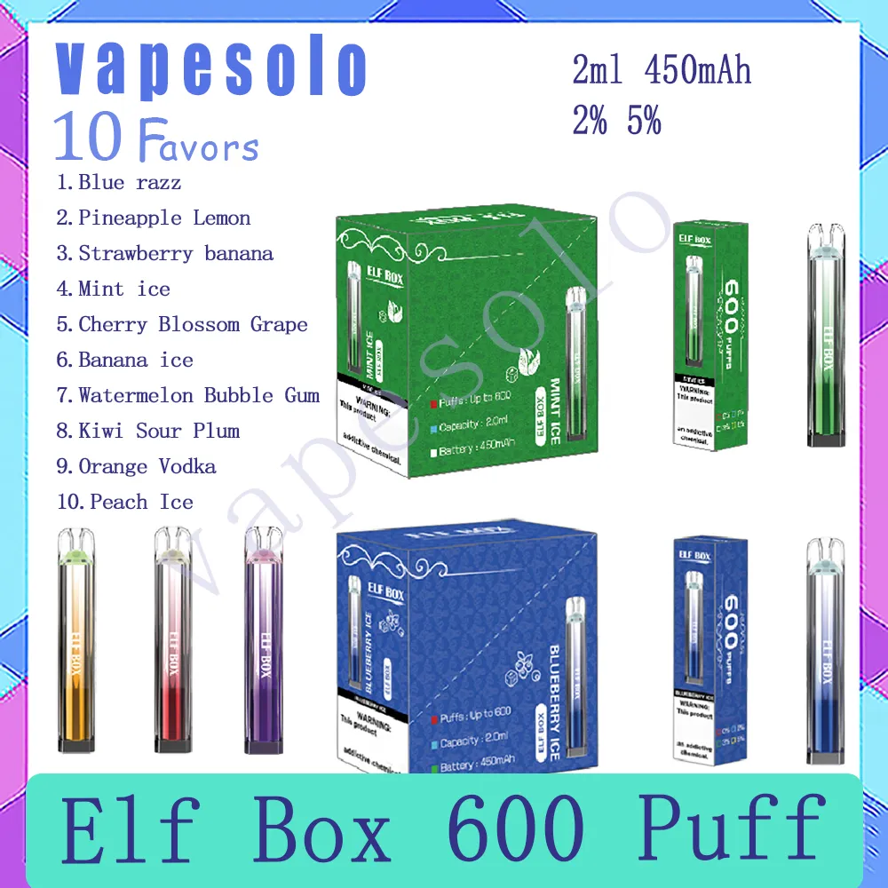 Sigarette elettroniche usa e getta Elf Box 600 originali al 100% Batteria da 450 mAh Pod da 2 ml 2% 5% Livello Mesh Coil 600 Sbuffi Penna Vape
