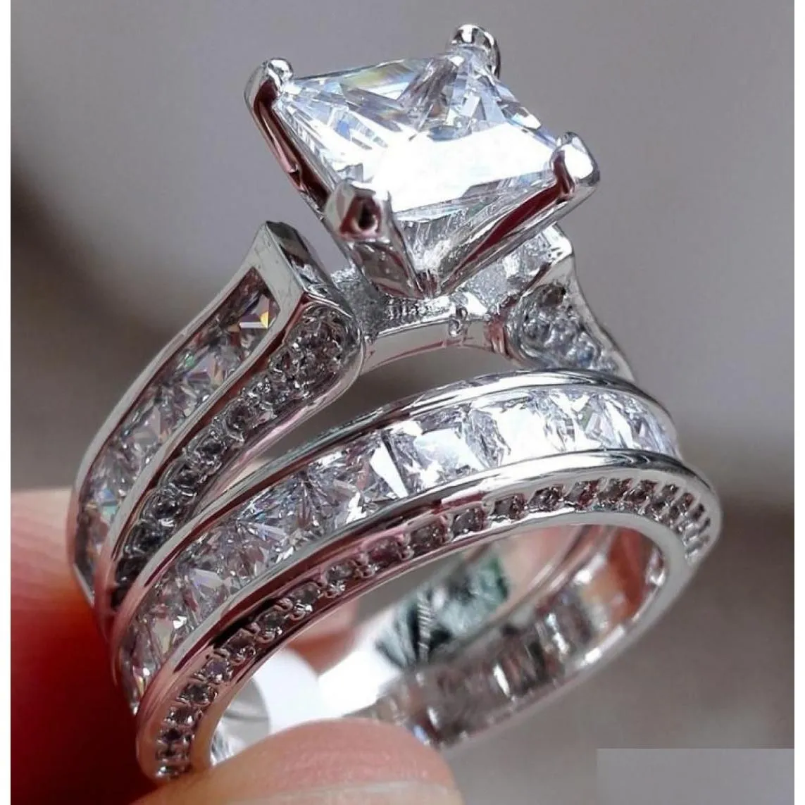 Couple Rings Luxury Size 5678910 Jewelry 10Kt White Gold Filled Topaz Princess Cut Simated Diamond Wedding Ring Set Gift Ab1846742075 Dhe3I