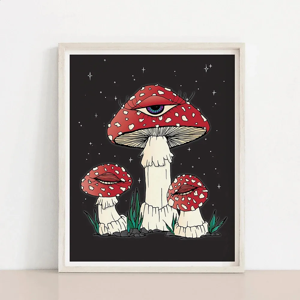 Mystic Shroom z plakatem oczu czerwony grzyb sztuki nadruk vinatge zabawny penis grzyb na płótnie malowanie na ścianach dekoracje pokoju 240129