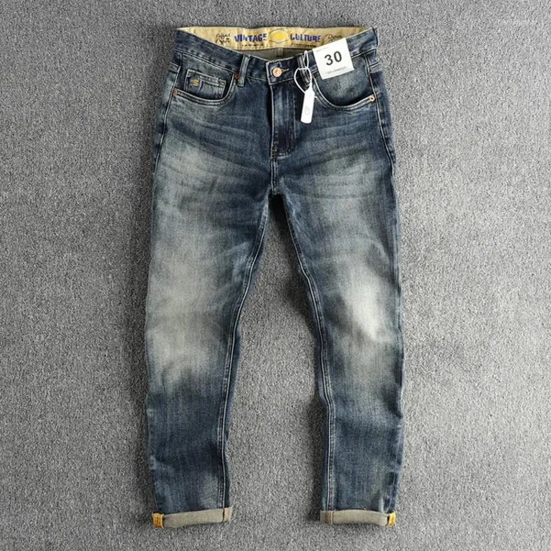 Jeans da uomo ricamati retrò abbigliamento di alta qualità pantaloni slim fit piccoli dritti alla moda per tutti gli abbinamenti