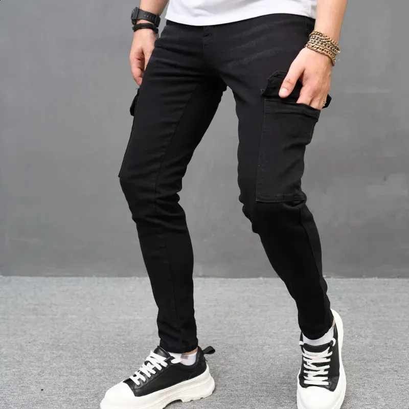 2024 New Black Ultra thin Mens Elastic Jeans Cargo Pants Fashion Hip Hop Street Clothing Mens Work Clothes Pocket Denim Trousers 240217