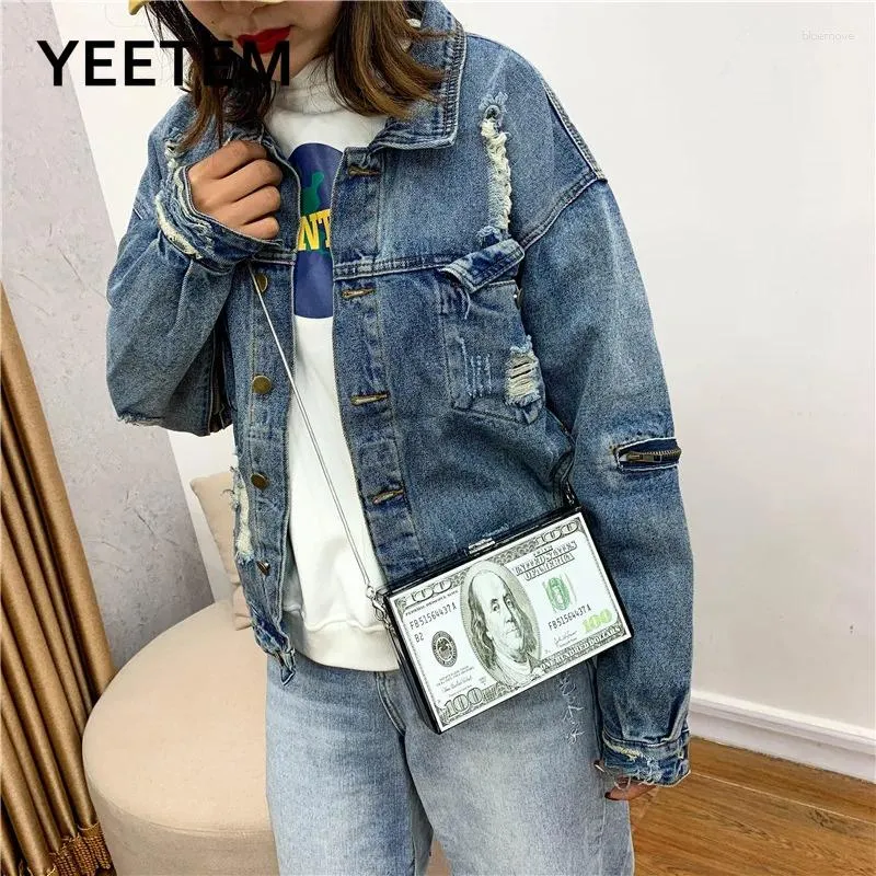 Evening Bags Personality Creative Bag Female 2024 Korean Version Of Printed Dollar Box Chain Girl Shoulder Small Acrylic