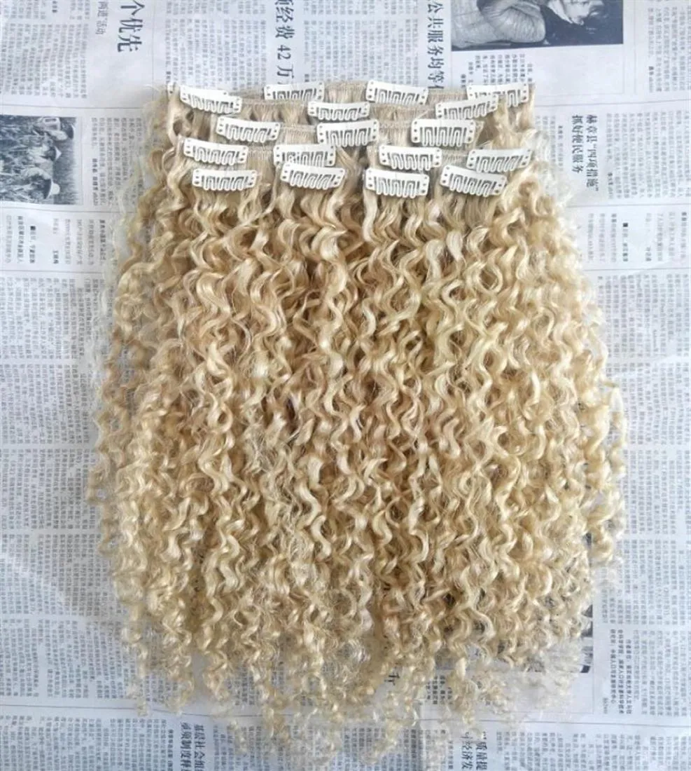 Brasilianisches menschliches reines remy lockiges Haar, Schuss, natürliche Locken, unverarbeitet, blond, 613, doppelt gezeichnet, Clip-in-Erweiterungen257S4088377