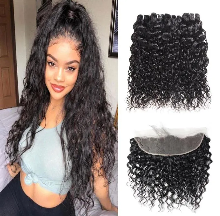 Brazilian Virgin Hair 1325 Lace Frontal Closure with 4 Bundles Body Deep Loose Indian Human Hair Bundles with Closure Water Kink2074019