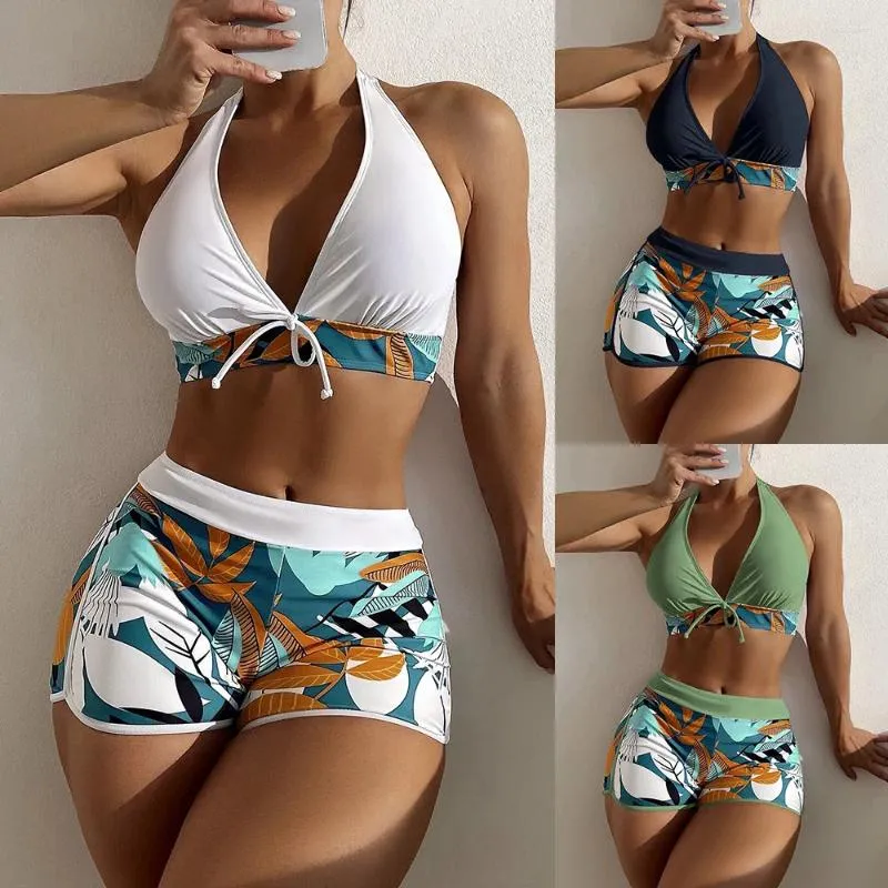 Kvinnors badkläder 2024 Hög midja Sexiga två stycken Swimsuit Women Boxer Lace Summer Bathing Suit Printed Solid Color Stitching Beach