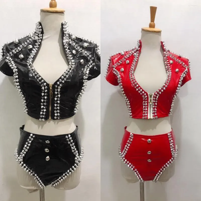 Stage Wear 4 Colors Leather Rivet Tops Shorts Women Pole Dance Clothing Party Rave Outfit Nightclub Performance Dj Gogo Costume Set