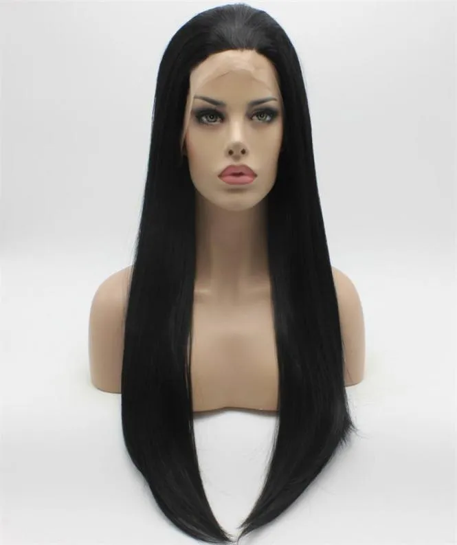 Iwona cheveux raides longue perruque noire 21 moitié attachée à la main résistant à la chaleur synthétique dentelle avant perruque 1682091