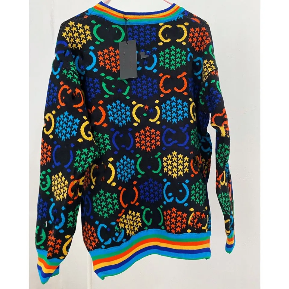 Новый дизайн женский пуловер красочный логотип буква jacquard pattern без повседневного вязаного свитера Tops smlxl