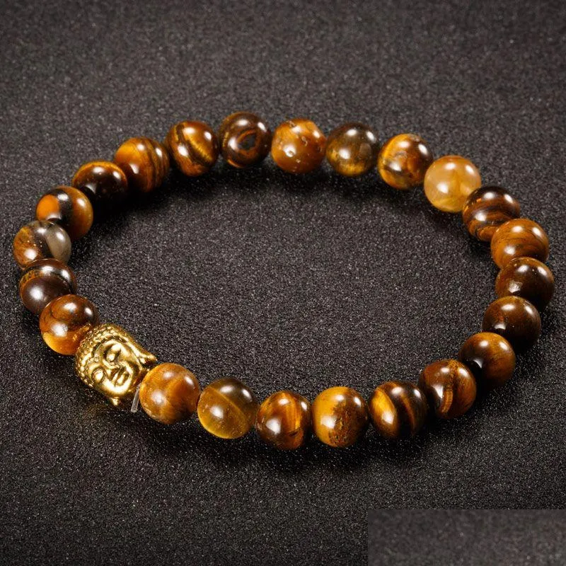 Pärled 8mm naturlig sten pärla buddha armband för kvinnor och män guld sier tiger eye pseras mujer promotion drop leverans je dhgarden dhy1u