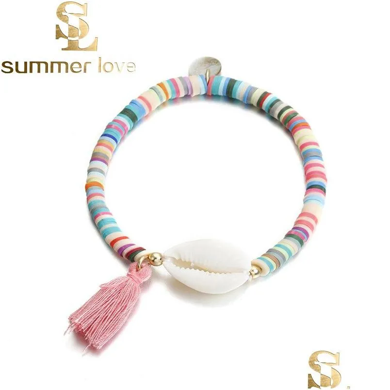 Bedelarmbanden Mode Witte Schelp Elastische Kwastje Bedelarmband Boheemse Colorf Polymeer Klei Kralen Armbanden Voor Vrouwen D Dhgarden Dhjgo