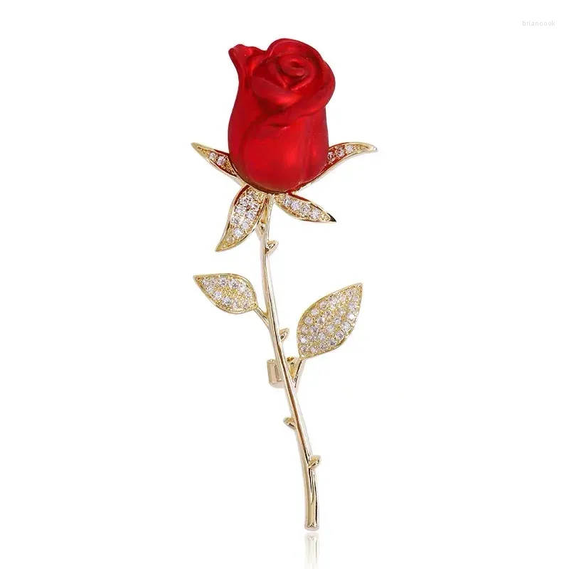 Broches Rosa brillante para mujer, broche de circonio rojo de calidad, alfileres, esmalte suave Unisex, flores, plantas, fiesta, oficina, joyería fina para mujer