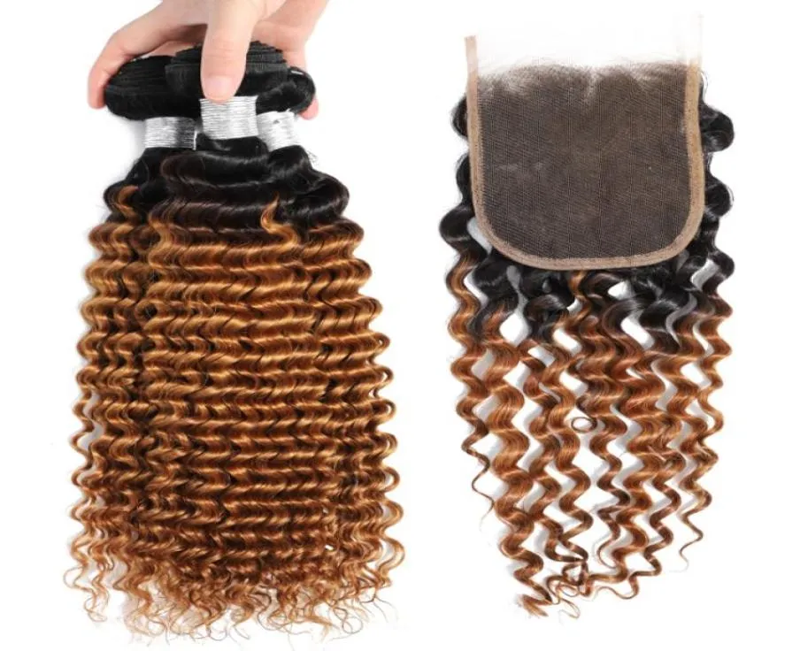 1B 27 Bundles de cheveux humains ombre vague profonde avec fermeture en dentelle 2 tons de couleur blonde brésilienne vierge bouclée ombre tisse avec 4x4 haut 1038360