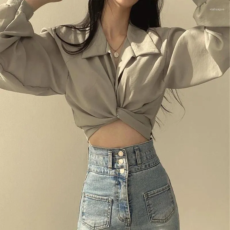 Kvinnors blusar Summer Slim Thin Blue and Shirt Officiell koreansk Chic All-Match Casual Crop Tops Back Lace-Up Bow Design Långärm