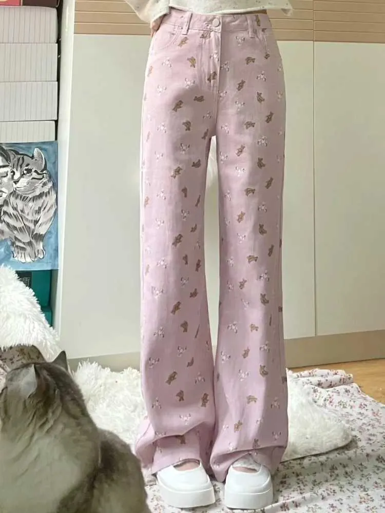 女子ジーンズディープタウンカワイイかわいいベアピンクの袋詰めジーンズ女性のためのファッション特大のデニムパンツ甘い日本語スタイルワイドレッグガールズボンJ240217