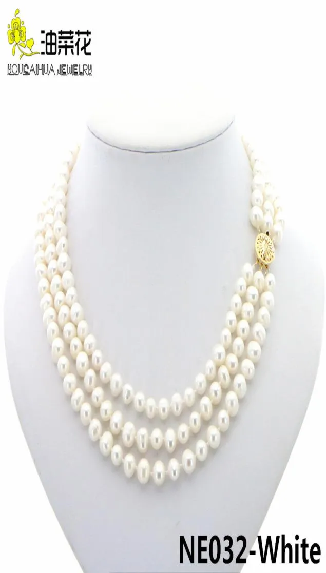 Mode Charme 3 Rijen 78mm Natuurlijke Witte Akoya Gekweekte Parels Ketting Sieraden Gouden Knop Vrouw Bruiloft Kerstcadeau AAA 17194135842