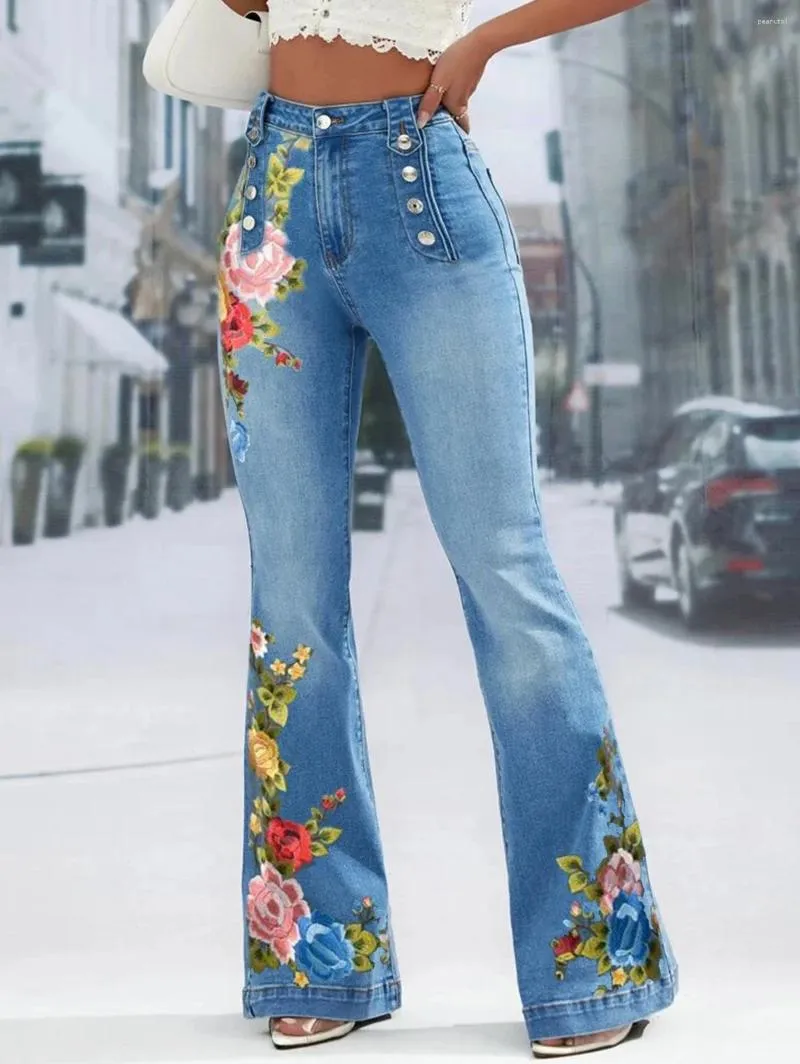 Kvinnors jeans plus size kvinnor vanlig knapp dekor flare ben långa denim byxor blommig broderi kvinnlig hög midja bred