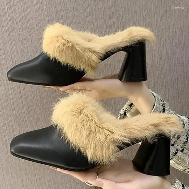 Dress Shoes Winter Women Fur Elegant Fashion Closed Toe Mules 5cm High Heel Height Lady Sexy Chunky Soft Warm Slippers 35-39