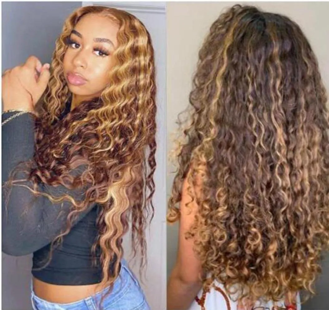 Perruque de cheveux humains bouclés miel blond ombré couleur marron brésilien vague d'eau profonde Hd pleine mise en évidence frontale Bob dentelle partie perruques73134134140866