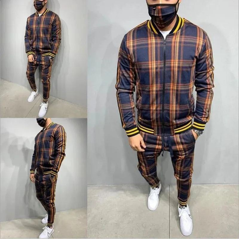 Men' 3D Plaid Sports Suit Gentlemen Sets Jacket Man Set Tracksuit Fitness Fashion Zipper 2 Pieces Men's Sets Sportswear Suit Men 240125