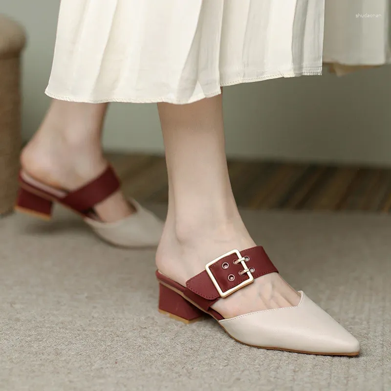 Slippers Rivet Belt Buckle Slides Woman Color Block Shoes Pointed Toe Med High Heel Ladies Office Dress Babouche Mules Sandalias