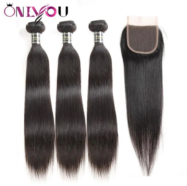 Extensiones de cabello humano liso peruano, 3 paquetes con cierre de encaje de 4x4, cabello Remy, tramas de cabello virgen brasileño barato con 3059036