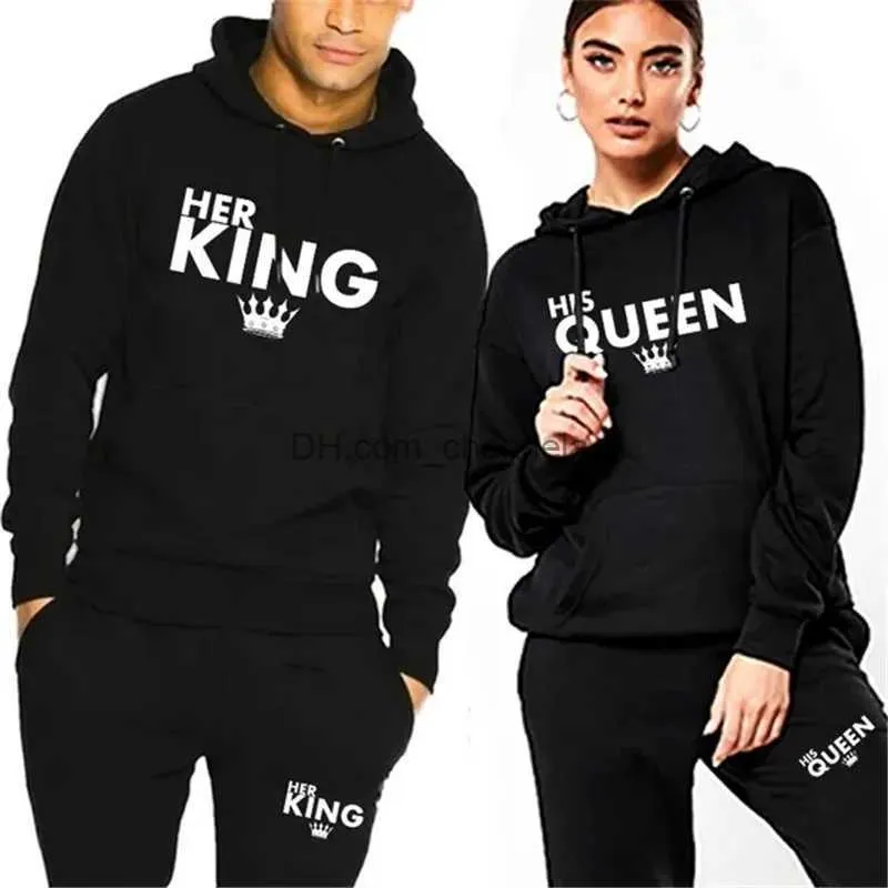 Men's Tracksuits Lover Outfit Her QUEEN or His KING Printed Tracksuits Couple Hoodies Suits Hooded Sweatshirt and Sweatpants Two Piece Set S-4XL T240217