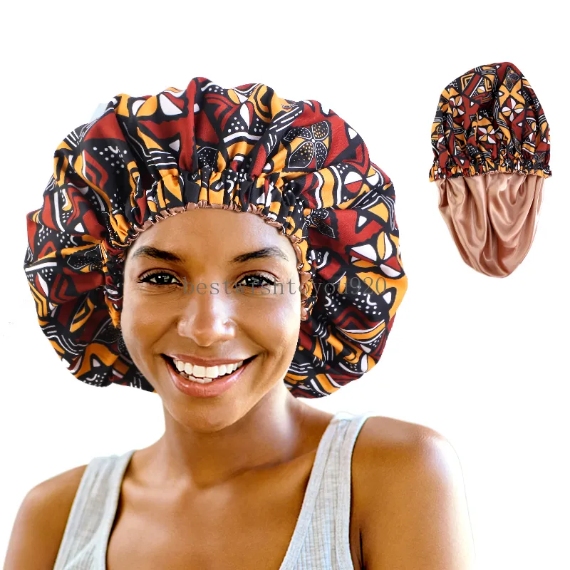 Yeni ekstra geniş geniş bant saten kaput gece uyku şapkası kadınlar Afrikalı baskı kapağı ankara desen kafası kapak saç dökülmesi kapağı
